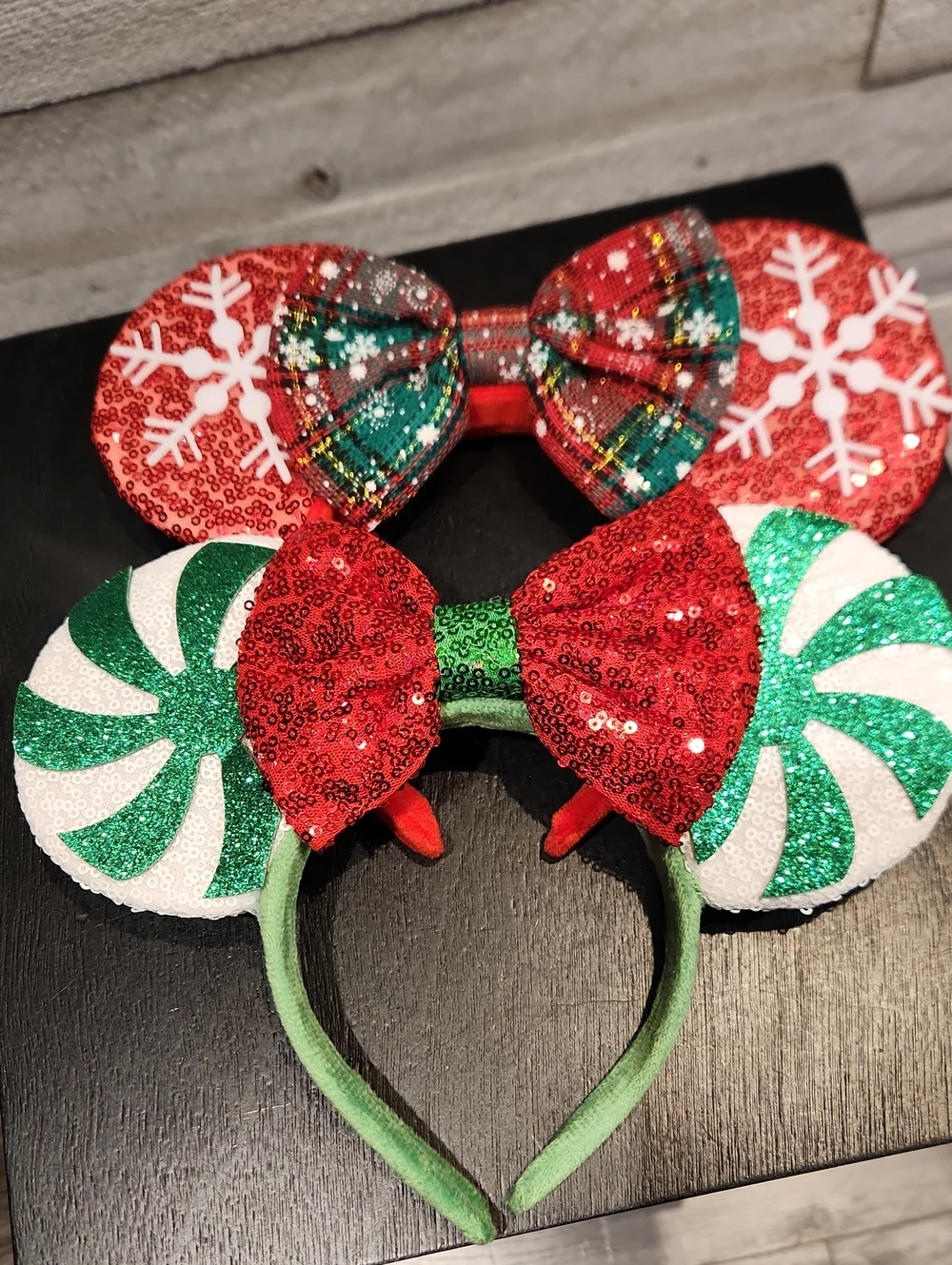 Set Of 2 Festive Kids Christmas Mouse Ears Headband w/Red and Green Sequin Bow